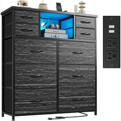 Snhomee 10 Fabric Drawers Bedroom Dresser with LED Lighting and Built-in Charging Station for Closet, Hallway or Bedroom