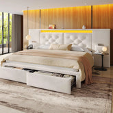 Snhomee Luxury Velvet Queen Bed Frame with Storage & LED, 89.5" Extra-Wide Smart Headboard (Beige/Grey))
