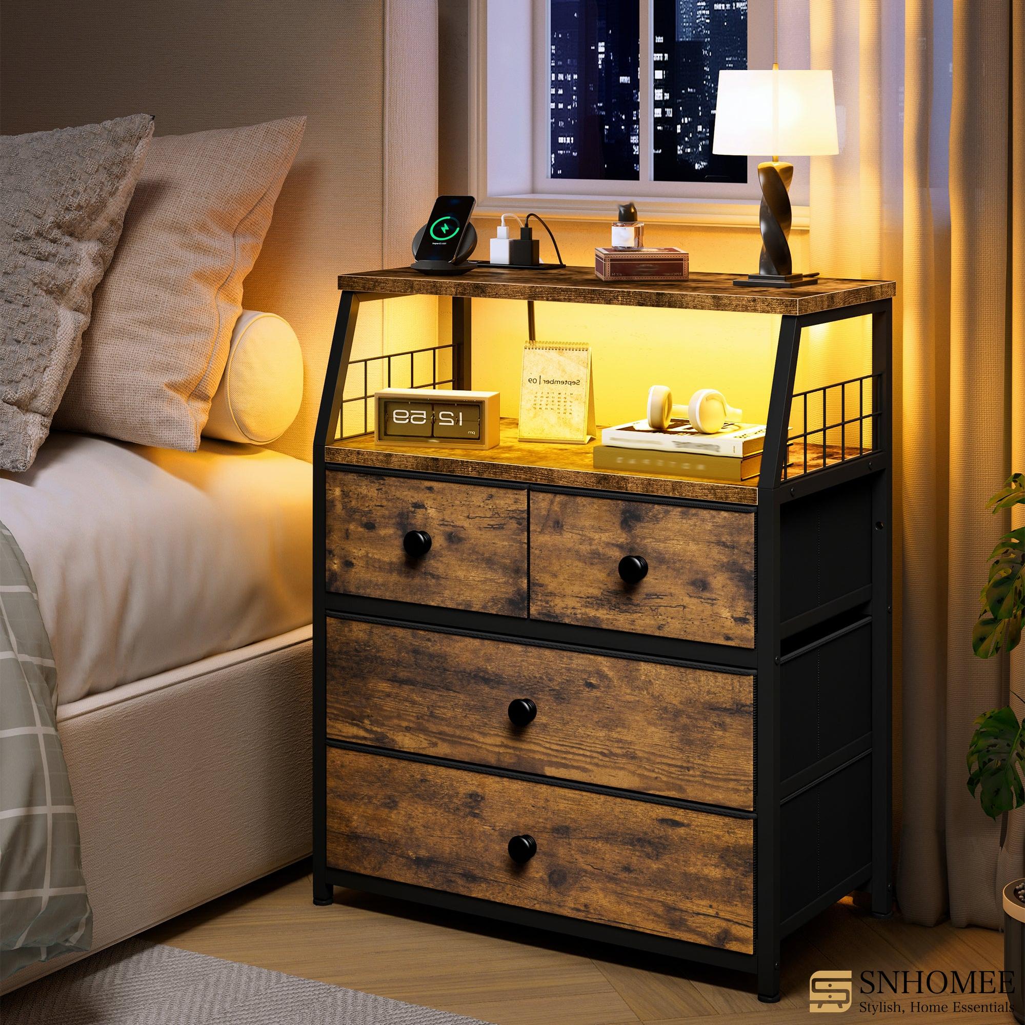 LED Nightstands with Charging Station: 4 Fabric Drawers, USB Ports & Outlets for Bedroom-Rustic Brown-1-snhomee