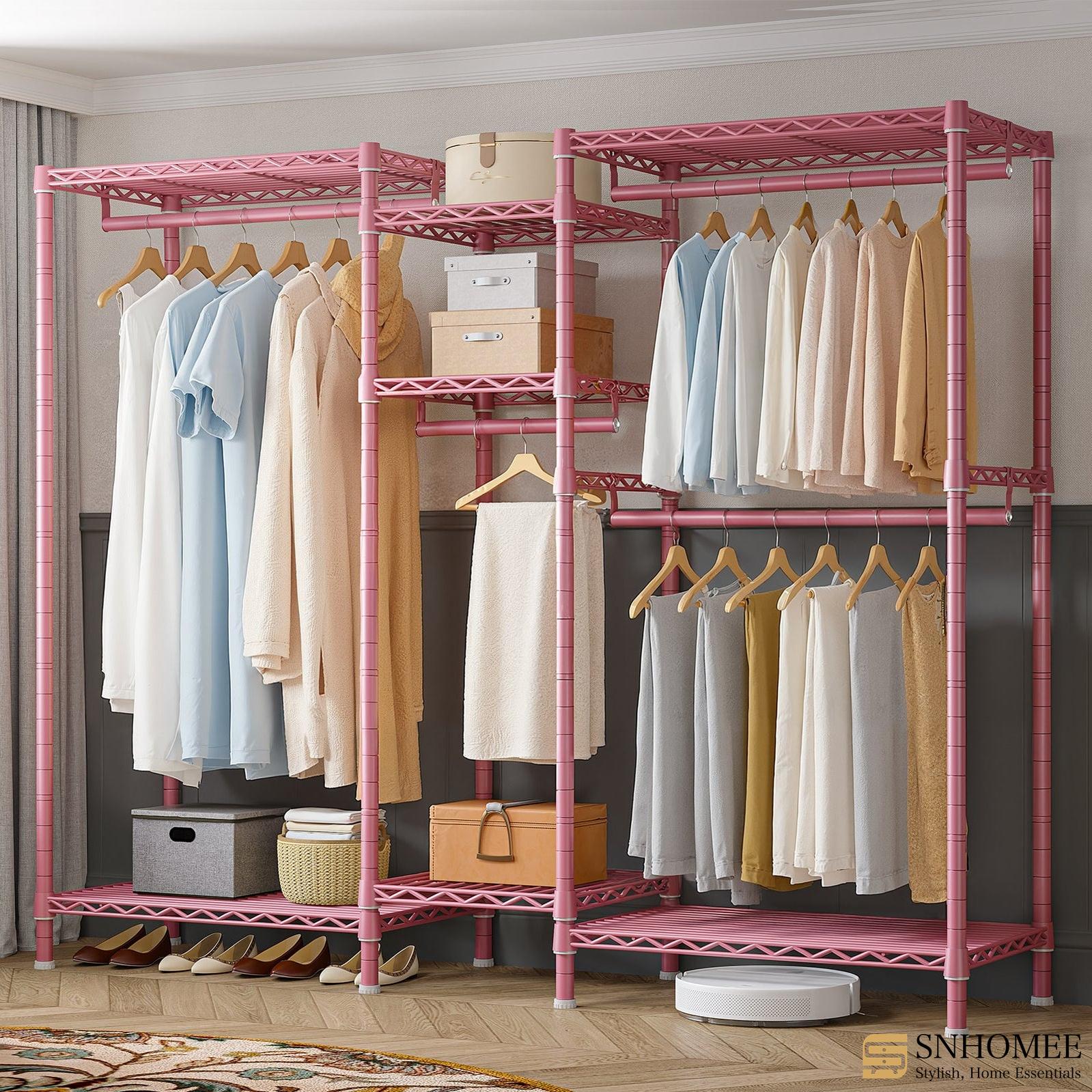 Clothing Racks for Hanging Clothes, Heavy Duty Clothes Rack Load 730LBS, Metal Wardrobe Closet, 77" H, Pink-Home Storage > Clothes Rack-snhomee