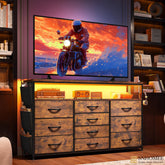 55" Smart TV Stand & Dresser | 10-Drawer Storage with LED Lights & Outlets | Metal/Wood Frame-Rustic Brown-snhomee