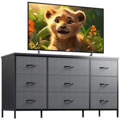 Snhomee Dresser TV Stand with 9 Drawers, Sturdy Metal Frame & Wood Top, Bedroom, Living Room, Hallway, Dorm room essentials, Back to school TV Stand Drawers