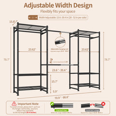 Snhomee 1200lbs Heavy Duty Metal Garment Rack, Expandable 3 Column Adjustable Closet Organizer System, Freestanding Wardrobe Storage Unit for Bedroom