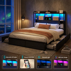 Snhomee 1200lbs Bed Frame with 4 Storage Drawer,Platform Bed with LED Headboard & USB Charging,Noiseless Metal Frame