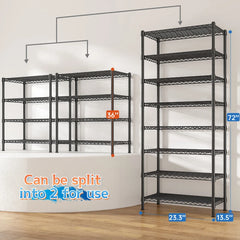 Snhomee 8‑Tier Heavy‑Duty Wire Shelving Unit,1200 lbs Capacity,72"H Adjustable Steel Storage Shelves for Pantry,Kitchen,Garage