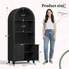 Arched Bookshelf with Fluted Doors,Storage Cabinet with Open & Adjustable Shelves, Versatile Cupboard for Living Room&Bedroom& Dining Room