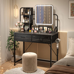 Snhomee Vanity Desk with Mirror, LED Lighting, Power Station & 2 Storage Drawers, Easy to assemble, for Bedroom, Apartment, Dormitory