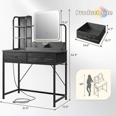 Snhomee Vanity Desk with Mirror, LED Lighting, Power Station & 2 Storage Drawers, Easy to assemble, for Bedroom, Apartment, Dormitory