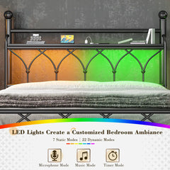 Snhomee LED Metal Bed Frame with Headboard, Charging Station, Storage Shelf, Noise-Free Design, and 882lb Weight Capacity