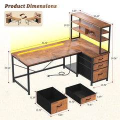 Snhomee L-Shaped Computer Desk with Drawers, 3-Tier Storage Shelves, LED & Charging Station, Reversible Corner Gaming Desk for Home Office