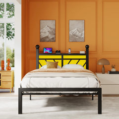 Snhomee Metal Bed Frame with LED Light Headboard & Outlet, Noise-Free Design, Under-Bed Storage for Bedroom