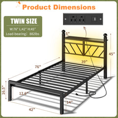 Snhomee Metal Bed Frame with LED Light Headboard & Outlet, Noise-Free Design, Under-Bed Storage for Bedroom