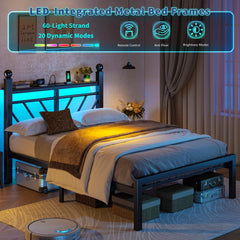 Snhomee Metal Bed Frame with LED Light Headboard & Outlet, Noise-Free Design, Under-Bed Storage for Bedroom