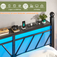 Snhomee Metal Bed Frame with LED Light Headboard & Outlet, Noise-Free Design, Under-Bed Storage for Bedroom