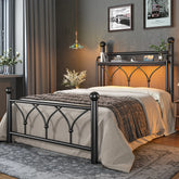 Snhomee Functional Metal Bed Frame with LED Headboard & Charging Station – Storage Shelf, Noise-Free Design, 882lbs Capacity