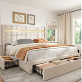 Snhomee Upholstered Bed Frame with 3 Storage Drawers, LED Light Strip & Adjustable Headboard