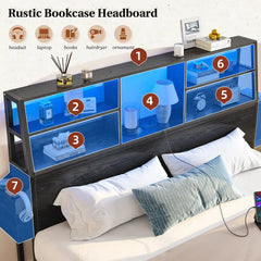 Snhomee Bed Frame with Storage Headboard And 2 Storage Drawers, LED Lights & Charging Station, 800 LBS Capacity, Silent Platform Bed, No Box Spring Needed