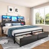 Snhomee Bed Frame with Storage Headboard And 2 Storage Drawers, LED Lights & Charging Station, 800 LBS Capacity, Silent Platform Bed, No Box Spring Needed