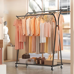 Double Rod Clothes Hanger Rack, Metal Rolling Clothing Rack With Wheels, 52"W x 20"D x (63"-69")H, Gold/Black-Black-snhomee