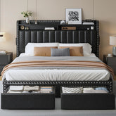 Snhomee Black Faux Leather Upholstered Bed Frame with Storage Headboard & 2 Drawers, Noise-Free, No Box Spring Needed