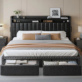 Snhomee black faux leather upholstered bed frame with 2 storage drawers