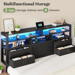 Snhomee Bed Frame with Storage Headboard & 4 Drawers, Metal Platform Bed with LED Lights & USB Charging Station, No Noise, Under Bed Storage, for Apartment & Guest Room