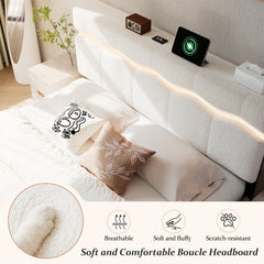 Snhomee Boucle Upholstered Bed Frame with Wavy LED Lights, Charging Station & Storage Headboard, Noise-Free, 880 lbs Weight Capacity