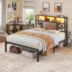 Snhomee Bed Frame with Storage Headboard, LED Lights and Charging Station, Heavy Duty Metal Platform Bed Frame, 1100 LBS Capacity, No Box Spring Needed, Easy Assembly