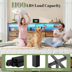 Snhomee Bed Frame with Storage Headboard & 4 Drawers, Metal Platform Bed with LED Lights & USB Charging Station, No Noise, Under Bed Storage, for Apartment & Guest Room