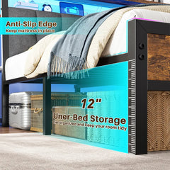 Snhomee Bed Frame with 2-Tier Storage Headboard & 12" Under-Bed Storage, Charging Station & LED Lights, Noise-Free Design, No Box Spring Needed