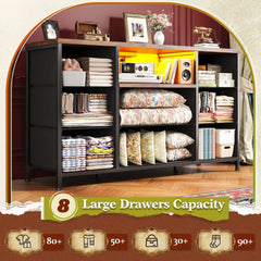 Snhomee 8-Drawer Dresser with LED Lights & Charging Station – Rustic Modern Storage Cabinet for Bedroom & Living Room