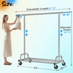 Snhomee 75"W Heavy Duty Rolling Garment Rack, 485 LBS Expandable Clothes Rack with Lockable Wheels for Bedroom Laundry Room
