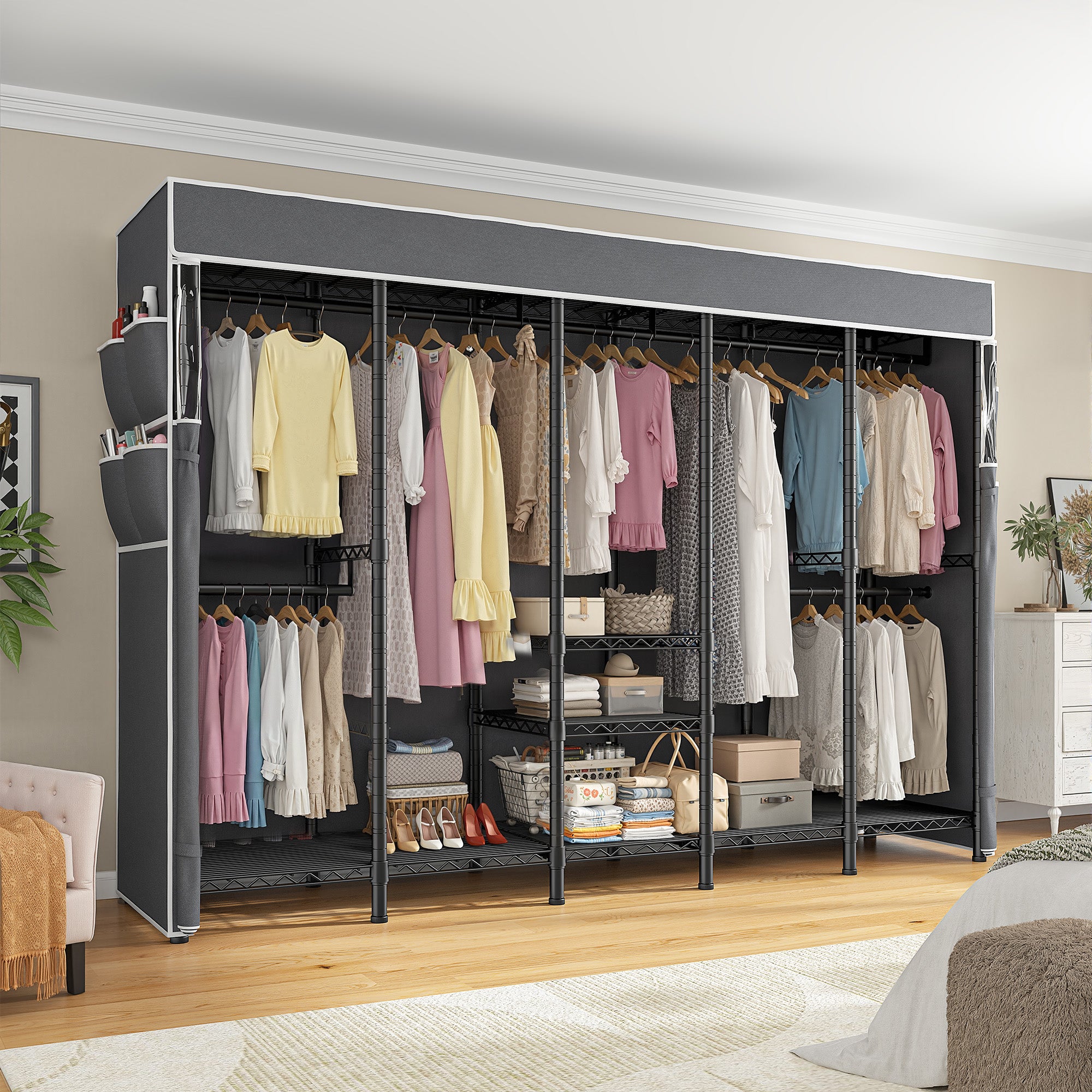 90.8 Inch Wide Commercial Clothing Rack - 1200 lb Heavy Duty Garment Rack with Zippered Dustproof Cover, Steel Frame Industrial Storage System for Retail/Warehouse/Home, Lockable Wheels & Anti-Tip Design-Home Storage > Clothes Rack-Black-snhomee