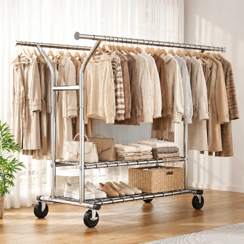 The double rod clothing rack creates extra hanging space for everyday outfits, seasonal clothing, and bulky winter coats.