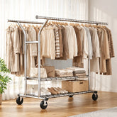 Snhomee 630 LBS Heavy Duty Expandable Metal Clothes Rack with 2 Shelves & Lockable 360° Wheels, Snap-Fit Assembly for Bedroom Laundry Room