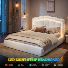 Snhomee Cloud Bed Frame with LED Lights,5.51" Cloud-Shaped Headboard,Easy Assembly, Noise-Free, No Box Spring Needed