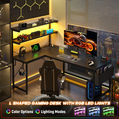 Snhomee L-Shaped Computer Desk with 2-Tier Storage Shelf, Built-in LED Lights & Power Outlets, Reversible Gaming Desk for Bedroom or Home Office, Easy Assembly