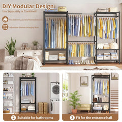 SNHOMEE 86.6"W Adjustable Heavy-Duty Garment Rack, 3-Column Expandable Freestanding Closet Organizer - 1200 lbs Capacity, for Hanging Clothes