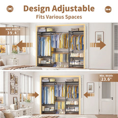 Snhomee 1200lbs Heavy Duty Metal Garment Rack, Expandable 3 Column Adjustable Closet Organizer System, Freestanding Wardrobe Storage Unit for Bedroom