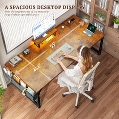 Snhomee 55"W Heavy Duty Computer Desk with 24mm Thick Desktop, Monitor Stand, Power Outlets & LED Lights, Writing Desk for Home Office, Study and Gaming