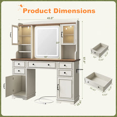 Dimensions of Farmhouse Makeup Vanity Desk with LED Mirror & RGB Cabinets – Storaging with Drawers & Shelves, White, Ideal for Organizing Seasonal Skincare in Bedroom or Dressing Room