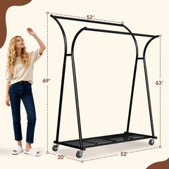 Snhomee Mobile Double-Rod Clothing Rack, Rust-Resistant, with Wheels & Bottom Shelf – Curved Supports for Long Coats, Black