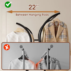 Snhomee Mobile Double-Rod Clothing Rack, Rust-Resistant, with Wheels & Bottom Shelf – Curved Supports for Long Coats, Black