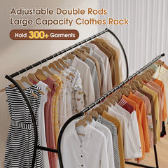 Snhomee Mobile Double-Rod Clothing Rack, Rust-Resistant, with Wheels & Bottom Shelf – Curved Supports for Long Coats, Black