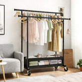 Snhomee Double Rod Clothing Rack with Storage Bag & Sturdy Wheels, rolling clothing racks,Metal Garment Rack for Closet Organizers and Storage