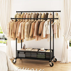Double Rod Clothing Rack with Storage Bag & Sturdy Wheels, rolling clothing racks,Metal Garment Rack for Closet Organizers and Storage
