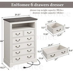 Snhomee Antique White 6-Drawer Dresser with LED Light & Power Outlets, 48" H Wood Dresser & Chest of Drawers for Bedroom Hallway