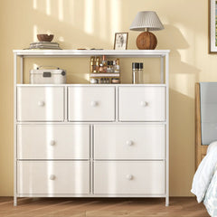 37.4"W White 7 Dresser For Bedroom, Large Dresser for Living Room,Wooden Top dresser for Closet, Entryway