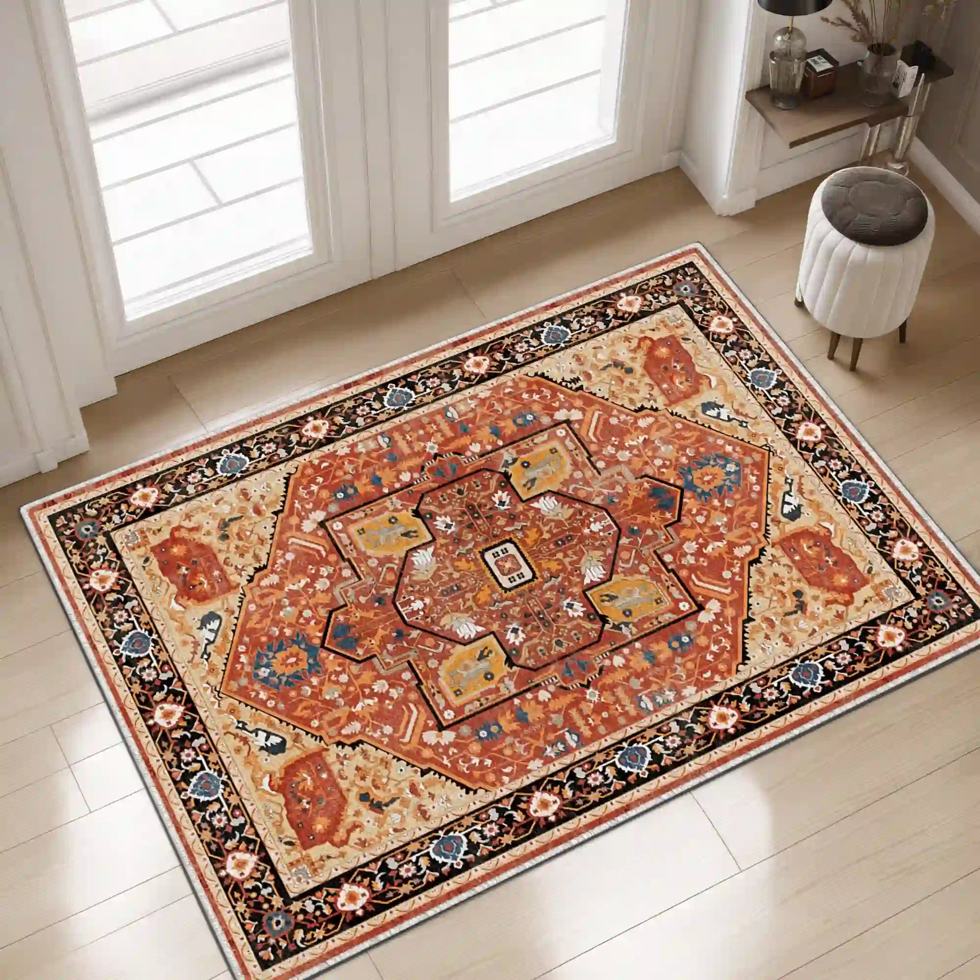 Boho Area Rugs,machine washable area rugs,area rugs for living room, Low Pile Vintage Carpet-3×5: 60"W x 36"D-Red-snhomee