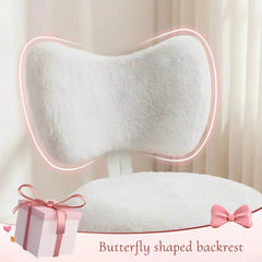 Snhomee White Bow Back Desk Chair, Fluffy Faux Rabbit Fur Seat, Adjustable Height, Swivel with Wheels&Lumbar Support,for Bedroom,Vanity,Study&Office